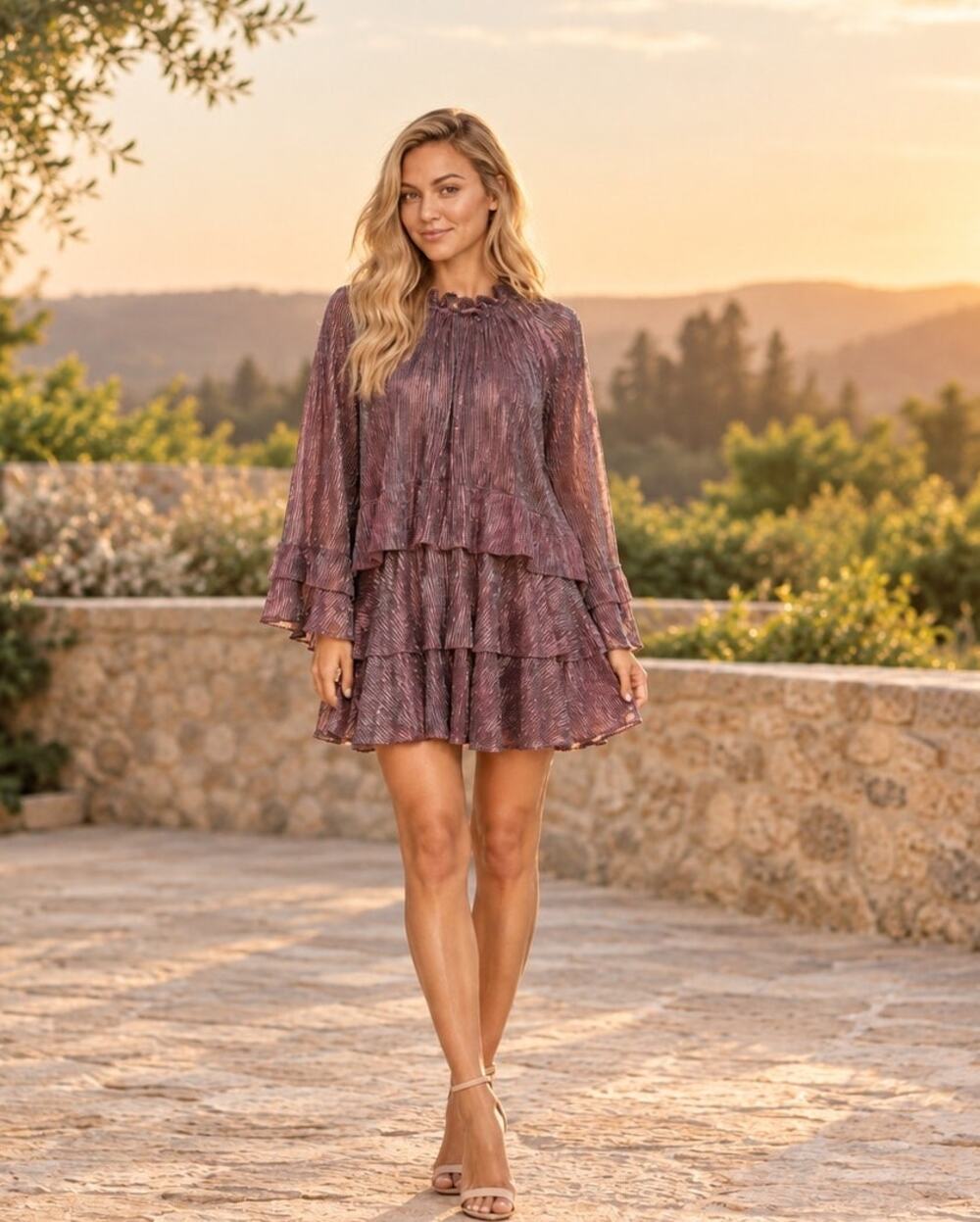 Kensie Mauve Metallic Plisse Ruffle Tie Neck Tiered Mini Dress 4 NWT Holiday
